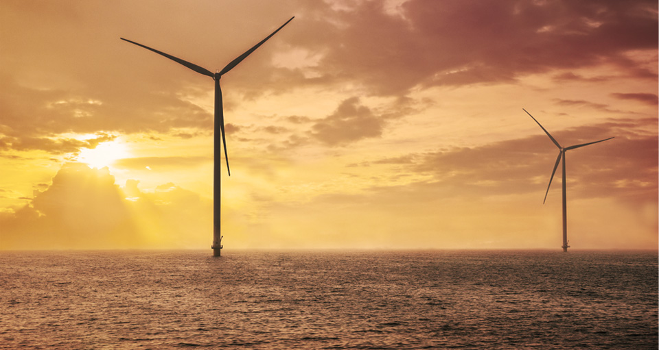 Sunset offshore wind turbines