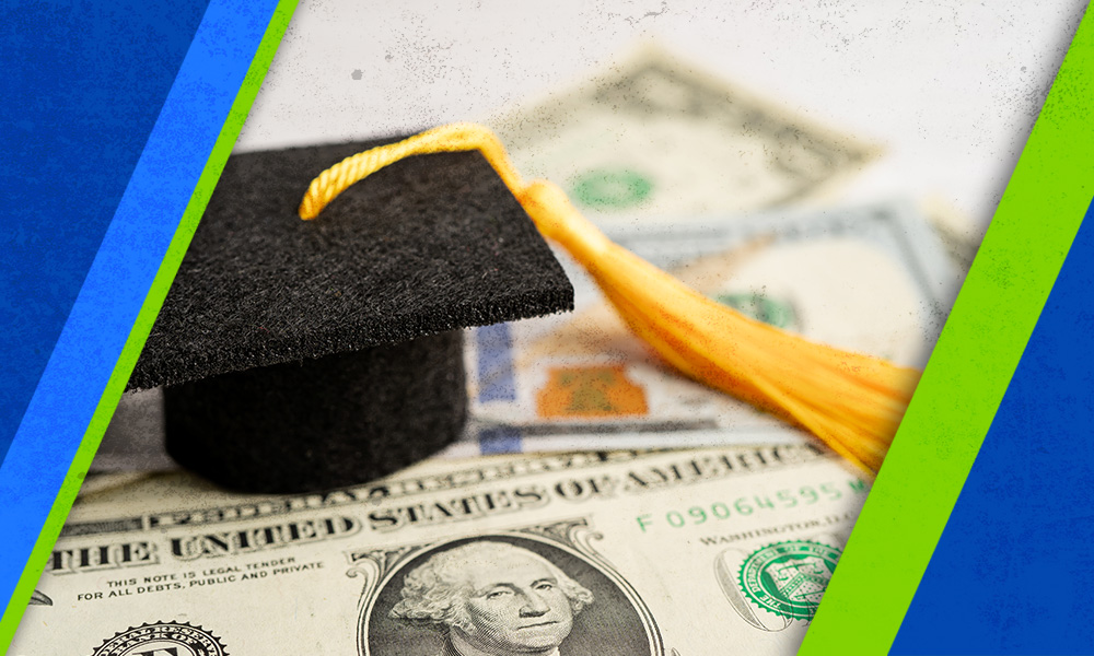 Image of a graduation cap and money to represent a scholarship earned